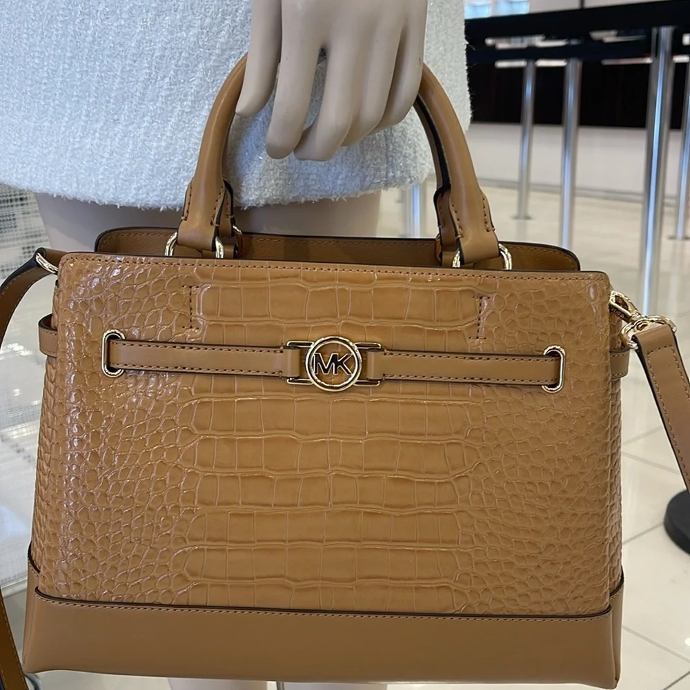 MICHAEL KORS Reed Lg Leather Belted Satchel Crossbody Handbag CZ Deer Crocodile